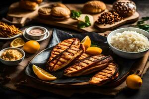 grilled chicken breast with rice and lemon slices. AI-Generated photo