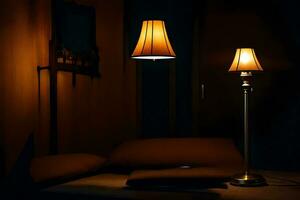 a lamp is on a table in a dark room. AI-Generated photo