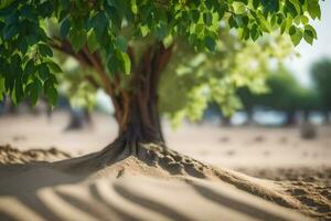 a tree with roots growing out of the sand. AI-Generated photo