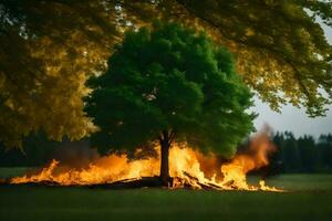 a tree is burning in the middle of a field. AI-Generated photo