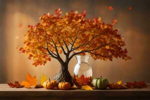 autumn leaves and pumpkins on a table. AI-Generated photo