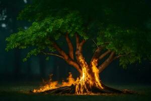 a tree with flames coming out of it in the dark. AI-Generated photo