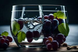 dos lentes lleno con agua y uvas. generado por ai foto