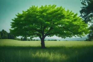 un árbol en un campo con un azul cielo. generado por ai foto