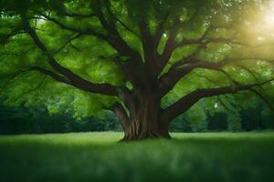 un grande árbol en el medio de un campo. generado por ai foto