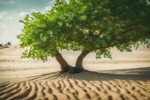 a tree in the desert with sand dunes. AI-Generated photo