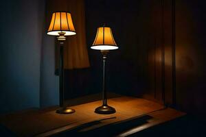 two lamps sit on a table in the dark. AI-Generated photo
