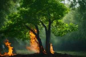 a tree is burning in the middle of a field. AI-Generated photo