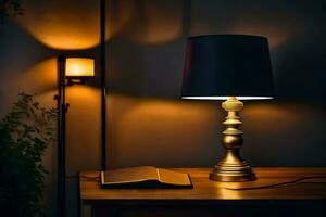 a lamp on a table next to a book. AI-Generated photo
