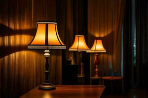a lamp is on a table in front of a wall. AI-Generated photo