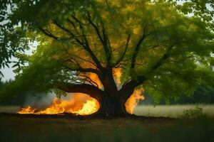 a large tree with flames coming out of it. AI-Generated photo