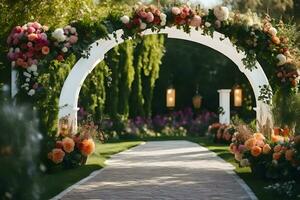 an archway with flowers and greenery. AI-Generated photo