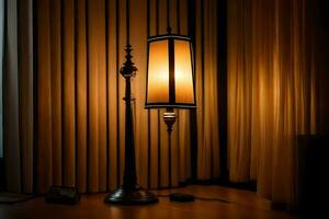 a lamp is sitting on a table in front of curtains. AI-Generated photo