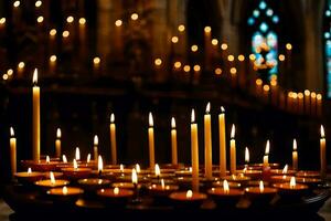 muchos velas son iluminado en un iglesia. generado por ai foto
