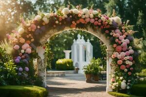 an archway with flowers and greenery. AI-Generated photo