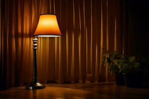 a lamp is sitting on a table in front of a curtain. AI-Generated photo