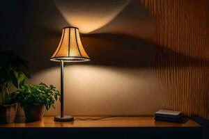 a lamp on a table next to a plant. AI-Generated photo