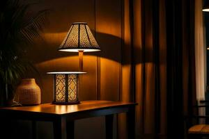 a table with a lamp on it and a vase. AI-Generated photo