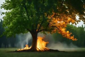 a tree is burning in the middle of a field. AI-Generated photo