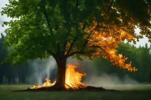 a tree is burning in the middle of a field. AI-Generated photo