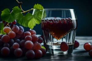 un vaso de vino con uvas en un oscuro mesa. generado por ai foto