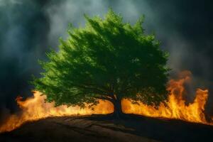 a tree is on fire in the middle of a field. AI-Generated photo