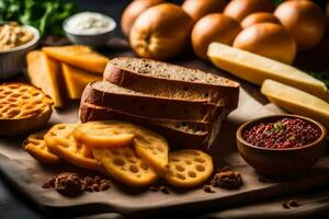 a variety of breads, cheese and other foods on a wooden cutting board. AI-Generated photo