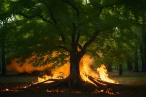 a tree with flames coming out of it in the middle of the forest. AI-Generated photo