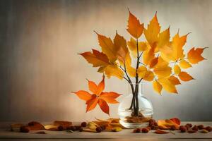 autumn leaves in a vase on a wooden table. AI-Generated photo