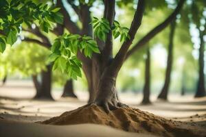 un árbol con hojas creciente fuera de el suelo. generado por ai foto