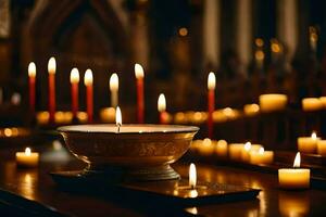 velas son iluminado en un Iglesia con velas generado por ai foto