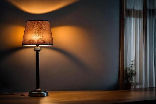 a lamp on a table in front of a window. AI-Generated photo