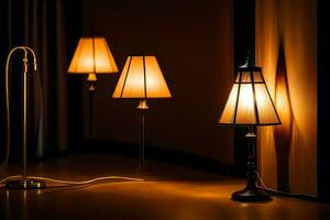 three lamps are sitting on a table in the dark. AI-Generated photo