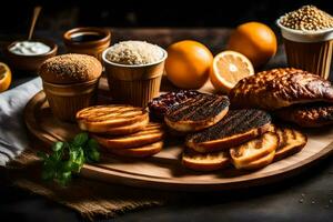 a wooden tray with bread, oranges and other foods. AI-Generated photo