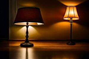 two lamps on a table in a dark room. AI-Generated photo