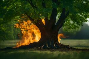 a tree with flames coming out of it. AI-Generated photo