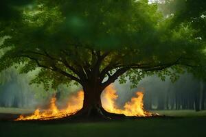 a tree with flames coming out of it in the middle of a field. AI-Generated photo