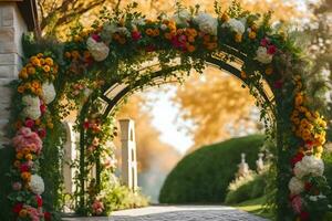 a wedding arch with flowers and greenery. AI-Generated photo