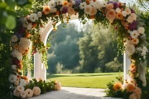 a wedding arch decorated with flowers in the grass. AI-Generated photo