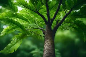 a tree with green leaves in the forest. AI-Generated photo
