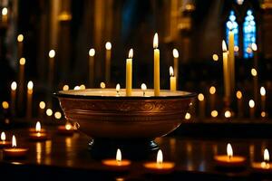 candles are lit in a bowl with candles. AI-Generated photo