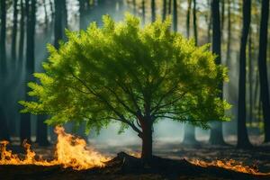 a tree is standing in the middle of a forest with fire. AI-Generated photo
