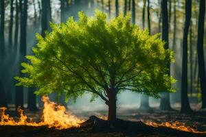 un árbol es en pie en el medio de un bosque con fuego. generado por ai foto