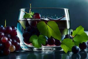 uvas en un vaso con agua y hojas. generado por ai foto