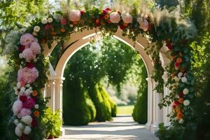 un Boda arco decorado con flores en el jardín. generado por ai foto