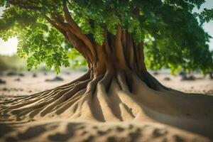a tree with roots in the sand. AI-Generated photo