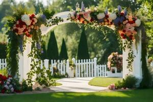 a wedding arch with flowers and greenery. AI-Generated photo