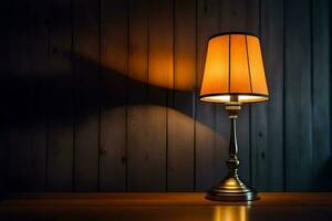 a lamp on a table in front of a dark wall. AI-Generated photo