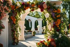 an archway with flowers and greenery. AI-Generated photo