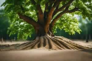 un árbol con raíces creciente fuera de el arena. generado por ai foto